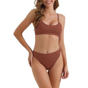 2 Piece High Waist Bottoms Adjustable Spaghetti Straps Bikini Sets Dark Red